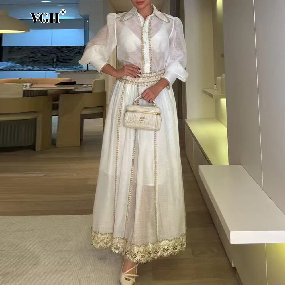 VGH Fashion Skirts Set for Women Lapel Long Sleeve Sheer Top with Vest High Waist Spliced Lace Edge Skirt Elegant Suit Female
VGH Fashion Skirts Set for Women Lapel Long Sleeve Sheer Top with Vest High Waist Spliced Lace Edge Skirt Elegant Suit Female
