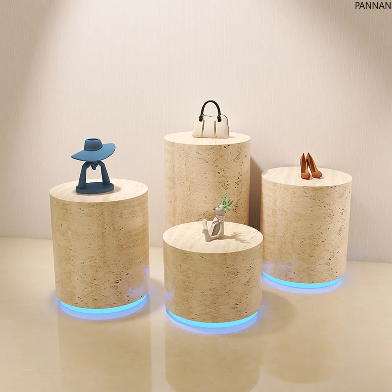 Clothing store round travertine platform display light strip wooden base window display props
Clothing store round travertine platform display light strip wooden base window display props