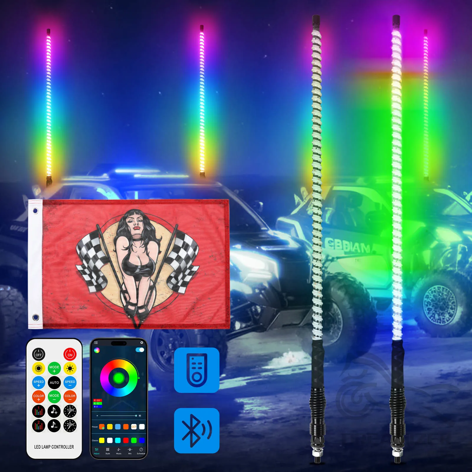 2PC 3FT Spiral LED Whip Lights Colorful RGB Chasing/Dancing Light RGB Chasing Lighted Antenna Whips For SXS ATV UTV Polaris
2PC 3FT Spiral LED Whip Lights Colorful RGB Chasing/Dancing Light RGB Chasing Lighted Antenna Whips For SXS ATV UTV Polaris
