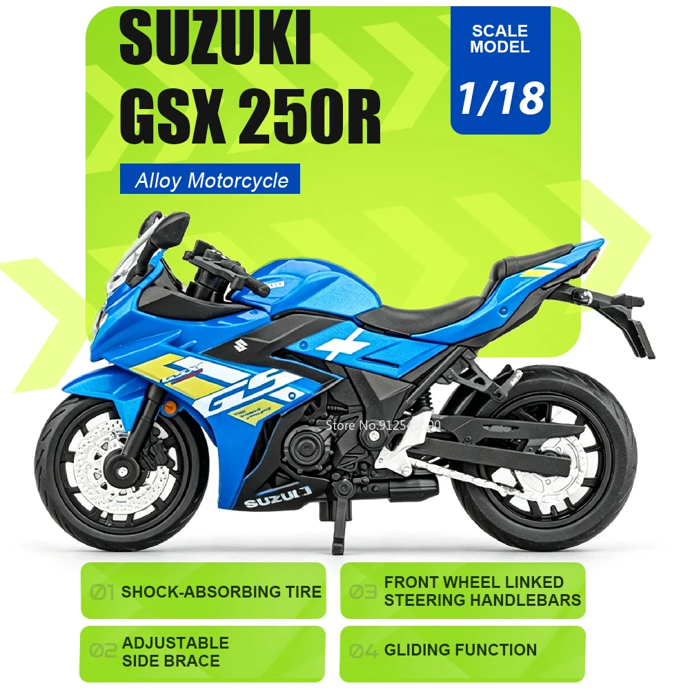 Модель мотоцикла Kawasaki H2R Suzuki GSX250R R3 в масштабе 1:18, игрушка из сплава с подвижным рулевым управлением, коллекционная модель для хобби и декора
Модель мотоцикла Kawasaki H2R Suzuki GSX250R R3 в масштабе 1:18, игрушка из сплава с подвижным рулевым управлением, коллекционная модель для хобби и декора