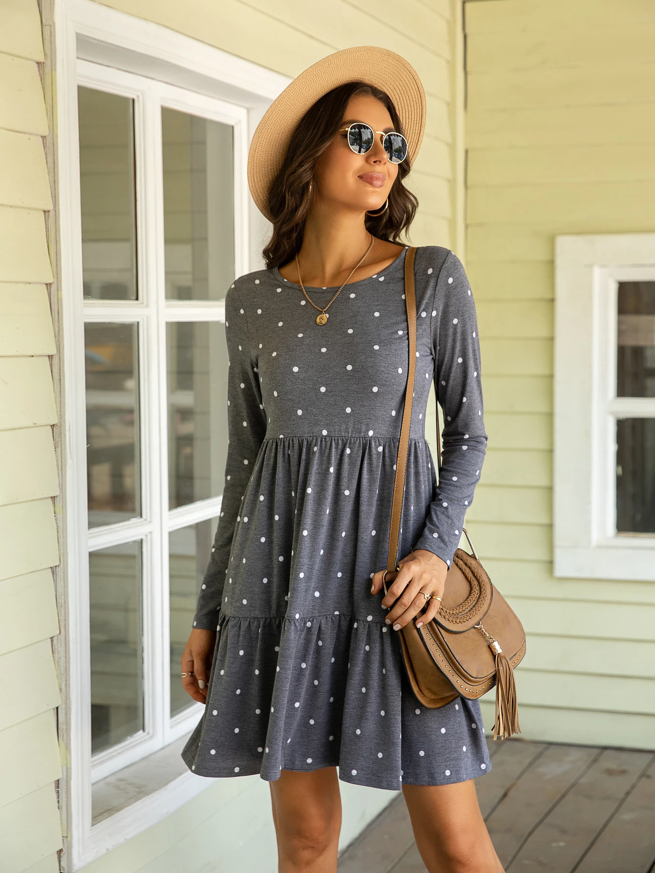 LEVACA Flounce Hem Long Sleeve Loose Fit Casual Round Neck Polka Dot Smock Dress For Womens
LEVACA Flounce Hem Long Sleeve Loose Fit Casual Round Neck Polka Dot Smock Dress For Womens