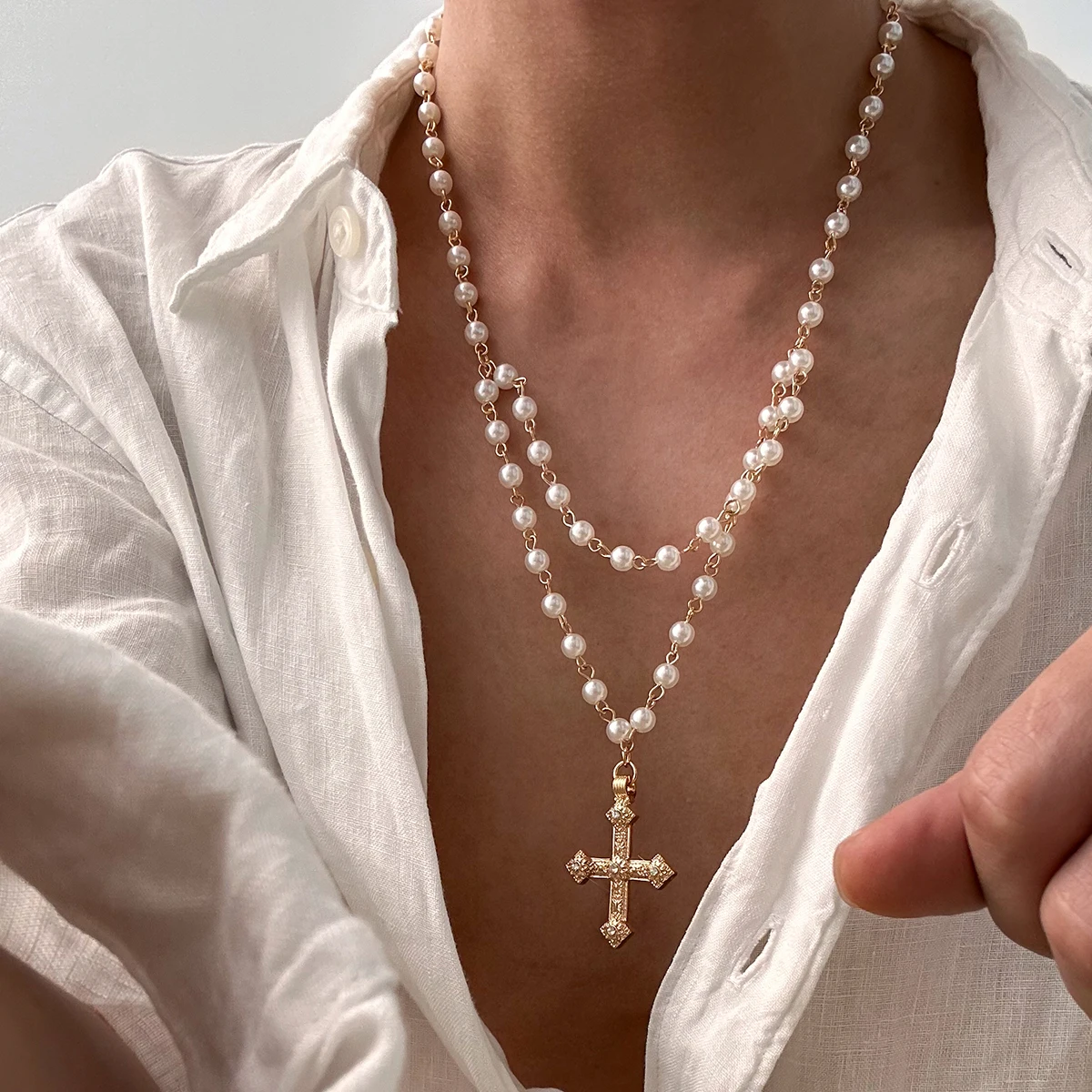 Lacteo Fake Two Pieces Imitation Pearl Adjustable Alloy Necklace Men Jesus Cross Pendant Temperament Choker Necklace Jewelry
Lacteo Fake Two Pieces Imitation Pearl Adjustable Alloy Necklace Men Jesus Cross Pendant Temperament Choker Necklace Jewelry
