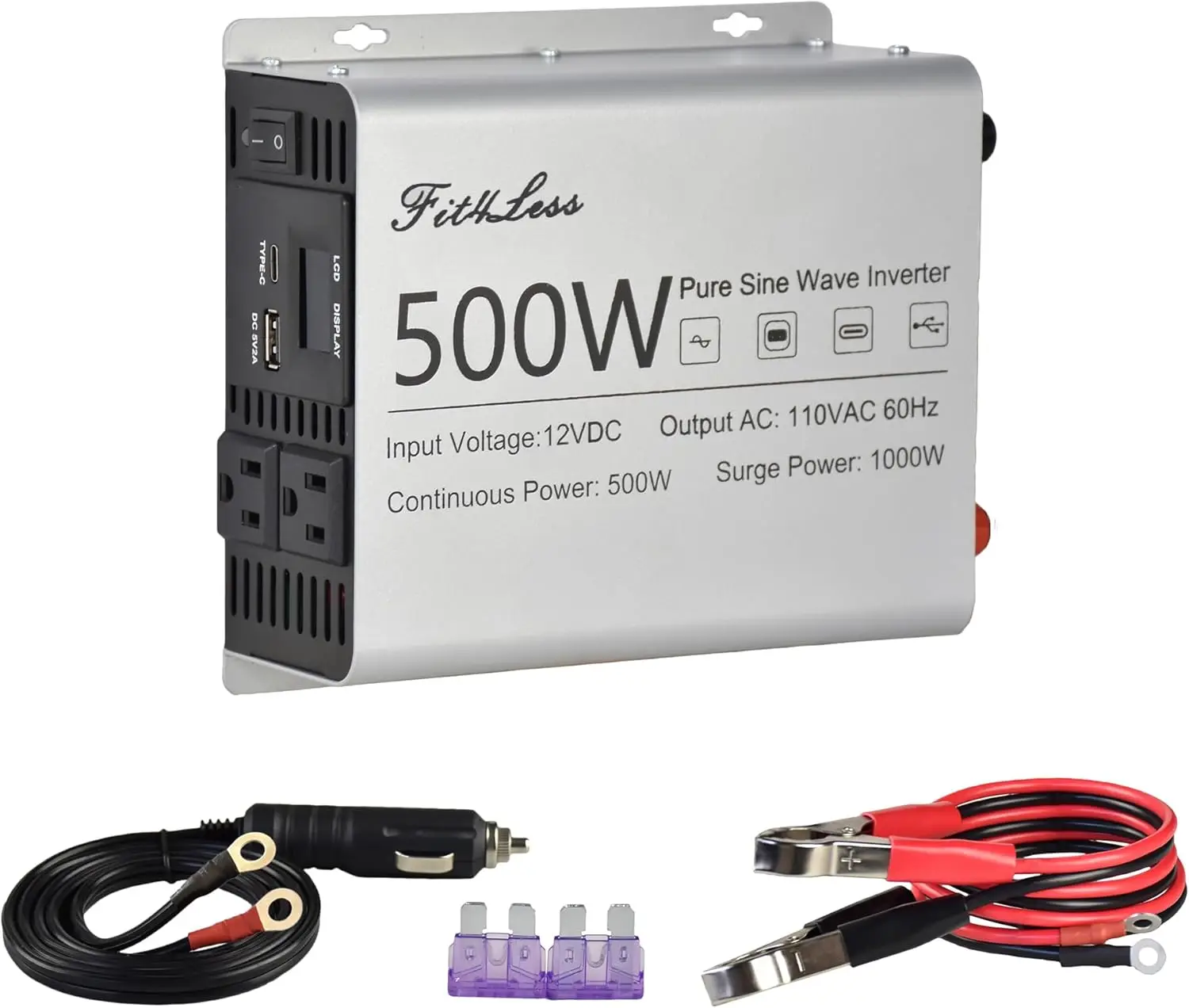 Pure sine Wave Inverter DC 12V Input and AC 110V Output with LCD Display, USB Output Port, Type-C Output Port(500W)
Pure sine Wave Inverter DC 12V Input and AC 110V Output with LCD Display, USB Output Port, Type-C Output Port(500W)