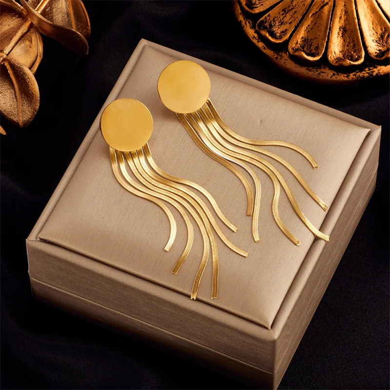 Plated Round Disc Snake Chain Tassel Drop Earrings 316L Stainless Steel Long Fringe Dangle Earrings For Party Women Jewelry
Plated Round Disc Snake Chain Tassel Drop Earrings 316L Stainless Steel Long Fringe Dangle Earrings For Party Women Jewelry