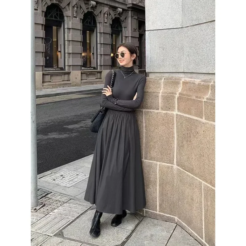 Black Gray Turtleneck Long Sleeve Dress Autumn Winter Women Maxi Patchwork Pleated Skirt French Korean Casual Office Dress 원피스
Black Gray Turtleneck Long Sleeve Dress Autumn Winter Women Maxi Patchwork Pleated Skirt French Korean Casual Office Dress 원피스