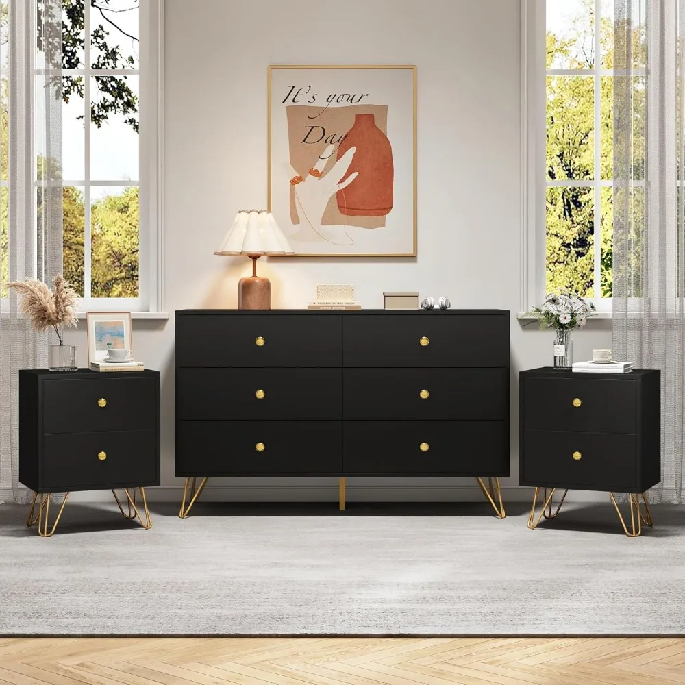 6 Drawer Dresser and Nightstand Set of 2, Modern Black and Gold Dresser Set with Golden Handles, 2-Drawer Nightstand & 6-Drawer
6 Drawer Dresser and Nightstand Set of 2, Modern Black and Gold Dresser Set with Golden Handles, 2-Drawer Nightstand & 6-Drawer