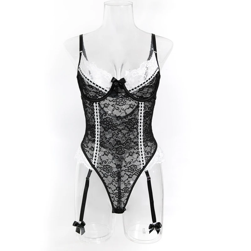 Bikini lingerie, suspender skirt, lace backless hollow-out bodysuit with sock covers
Bikini lingerie, suspender skirt, lace backless hollow-out bodysuit with sock covers