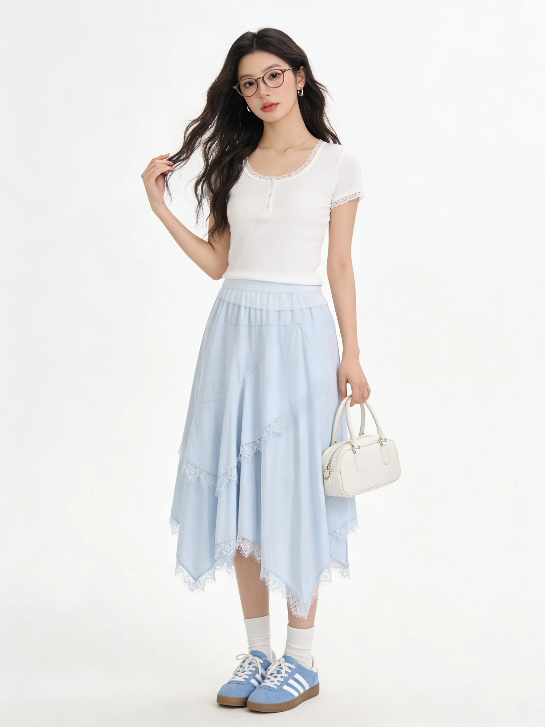 High Waist A-Line Skirt Korean Style Casual Lace Patchwork Women's Blue Asymmetrical Midi Skirt Slimming Cross Cover
High Waist A-Line Skirt Korean Style Casual Lace Patchwork Women's Blue Asymmetrical Midi Skirt Slimming Cross Cover