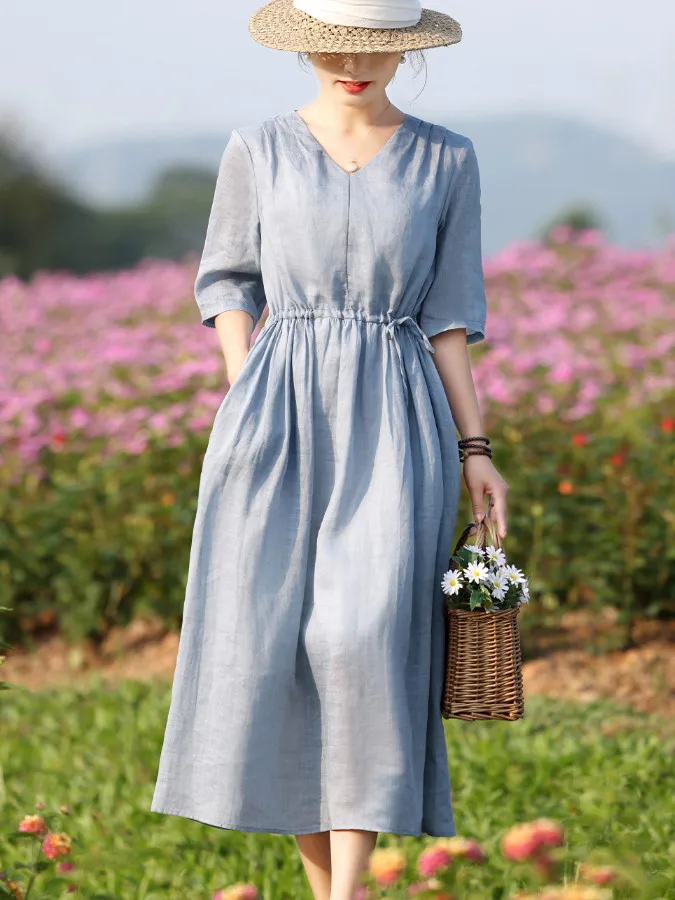 Blue V-neck Loose Summer Dress Simple Style Pure Color White-flattering Long Skirt Casual High Waist A-line Midi Dress
Blue V-neck Loose Summer Dress Simple Style Pure Color White-flattering Long Skirt Casual High Waist A-line Midi Dress