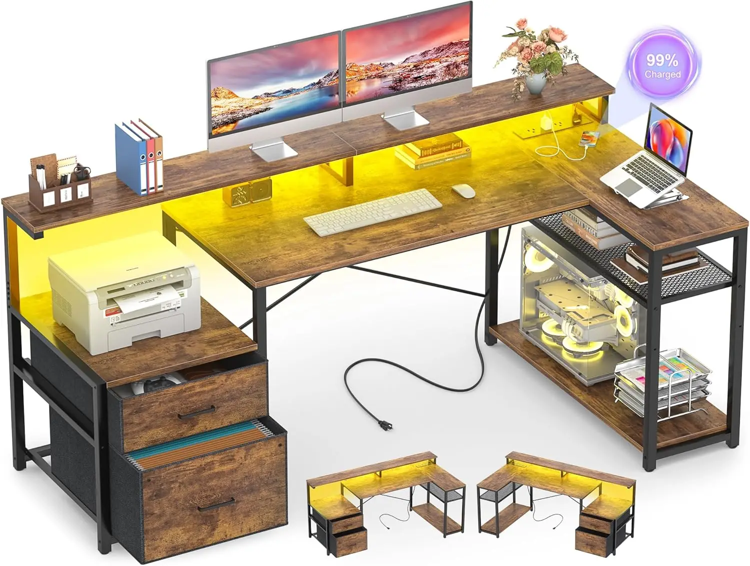 L Shaped Desk with File Drawer, Reversible Computer Desk with Power Outlet & LED Strip, Home Office Corner Desk with Monitor Shelf, Storage Shelves, Rustic Brown
L Shaped Desk with File Drawer, Reversible Computer Desk with Power Outlet & LED Strip, Home Office Corner Desk with Monitor Shelf, Storage Shelves, Rustic Brown