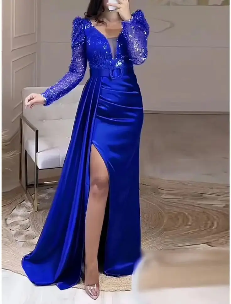 Elegant Royal Blue Evening Dress With Removable Train Long Sleeves Side High Slit V-Neck Prom Dress Customized Shiny Formal Gown
Elegant Royal Blue Evening Dress With Removable Train Long Sleeves Side High Slit V-Neck Prom Dress Customized Shiny Formal Gown