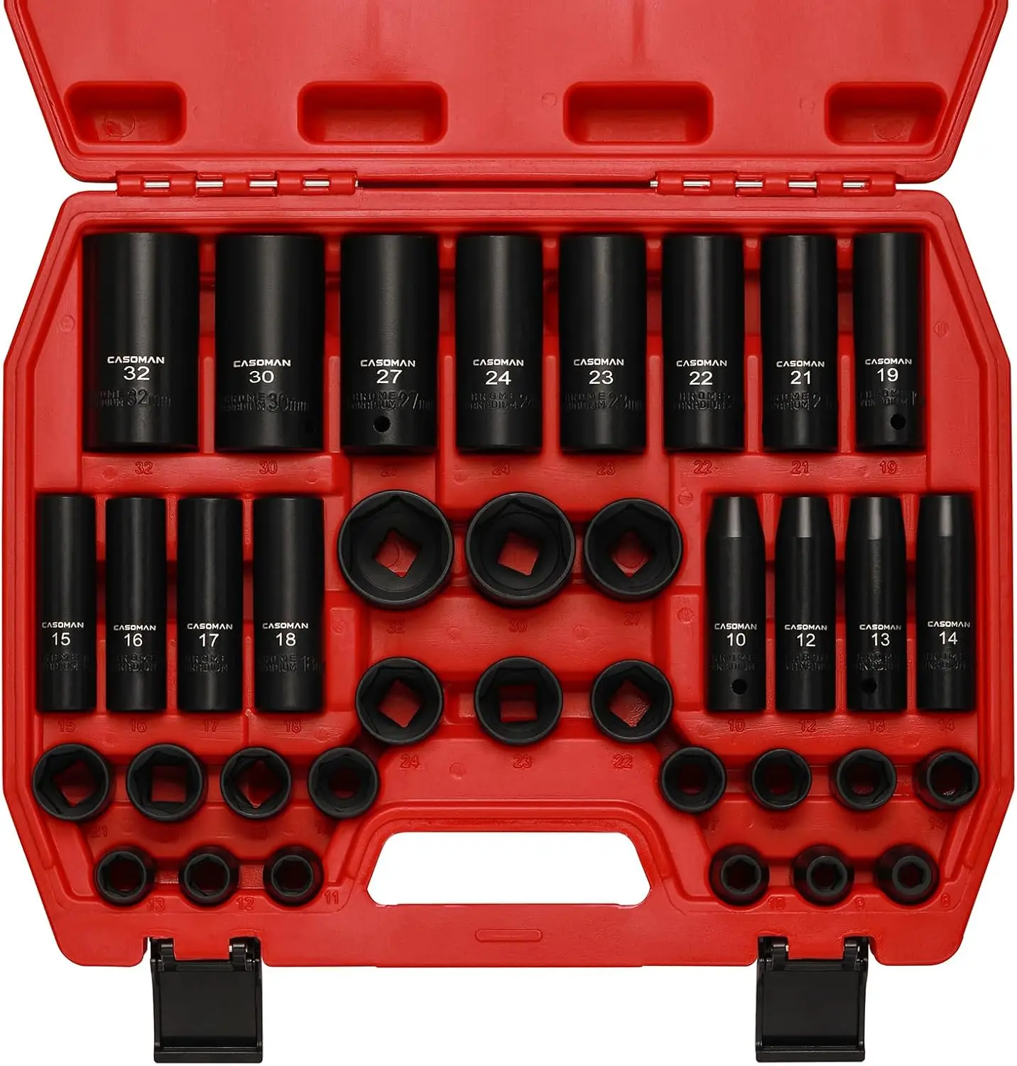 36-Piece 1/2" Drive Metric Deep & Shallow Impact Socket Set, 6-Point, CR-V, with Case
36-Piece 1/2" Drive Metric Deep & Shallow Impact Socket Set, 6-Point, CR-V, with Case