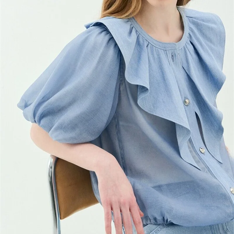 Korean Style Bubble Sleeve Short Sleeve Shirt with Belt Large Lace Hem Ladylike Ageless Straight Cut Polyester Fiber Blouse
Korean Style Bubble Sleeve Short Sleeve Shirt with Belt Large Lace Hem Ladylike Ageless Straight Cut Polyester Fiber Blouse