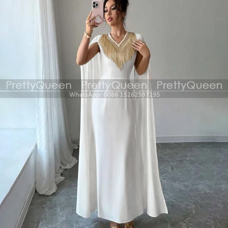Customized Cloak Mother of the Bride Dresses With Gold Tassel V Neck White Sheath Long Prom Dress Party Ankle Length
Customized Cloak Mother of the Bride Dresses With Gold Tassel V Neck White Sheath Long Prom Dress Party Ankle Length
