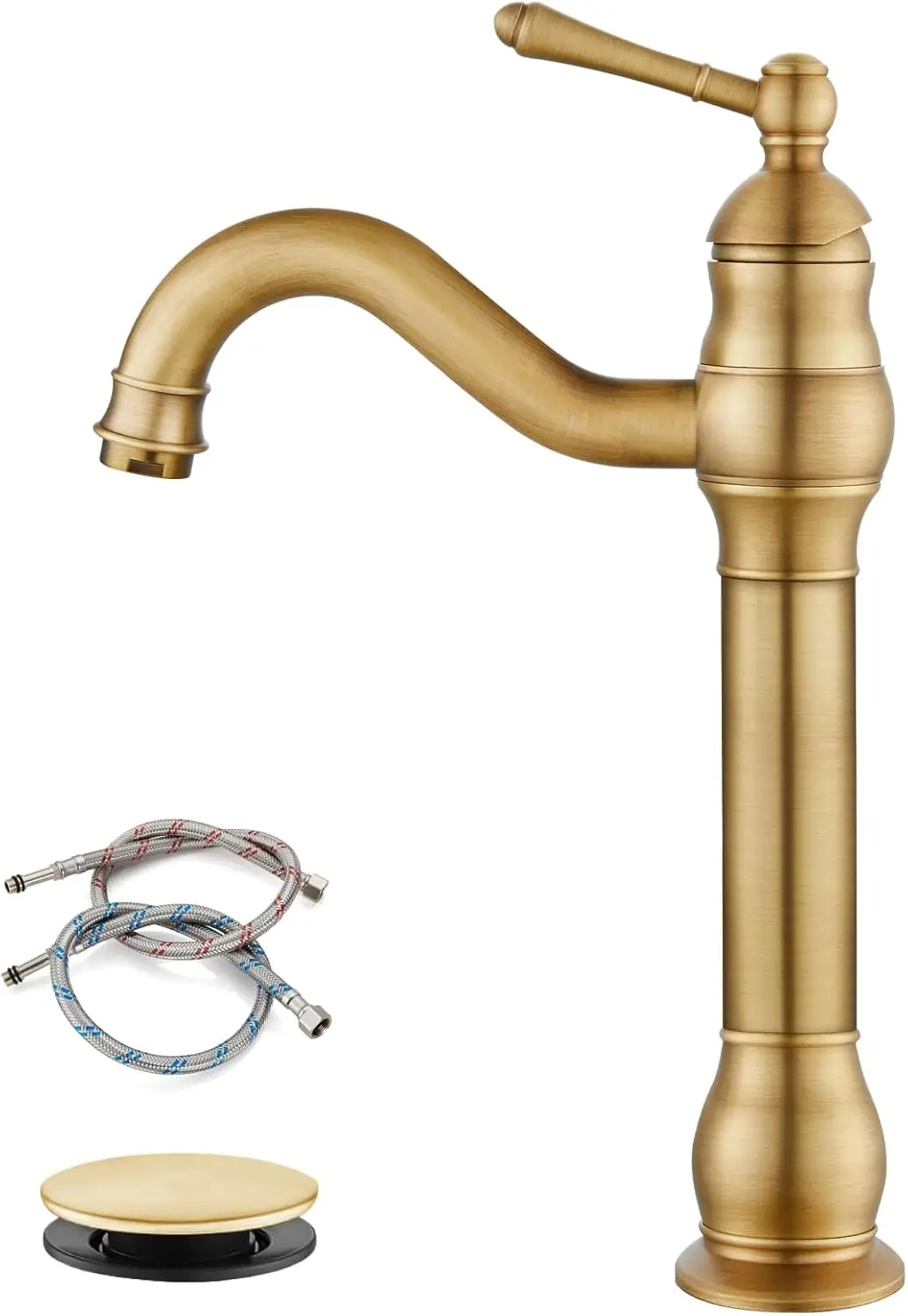 Antique Brass Single Handle Tall Bathroom Faucet with 360° Swivel Spout, Pop Up Drain, and Matching Hoses for Farmhouse Sink
Antique Brass Single Handle Tall Bathroom Faucet with 360° Swivel Spout, Pop Up Drain, and Matching Hoses for Farmhouse Sink
