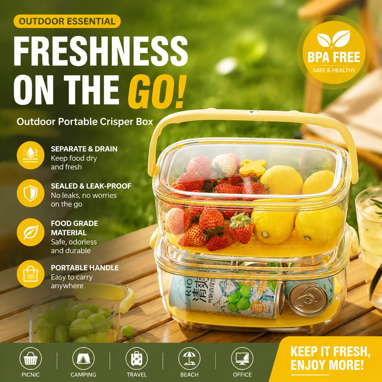 Handheld fresh-keeping box, outdoor large capacity portable bento box, refrigerator refrigerated food, fruit sealed box
Handheld fresh-keeping box, outdoor large capacity portable bento box, refrigerator refrigerated food, fruit sealed box