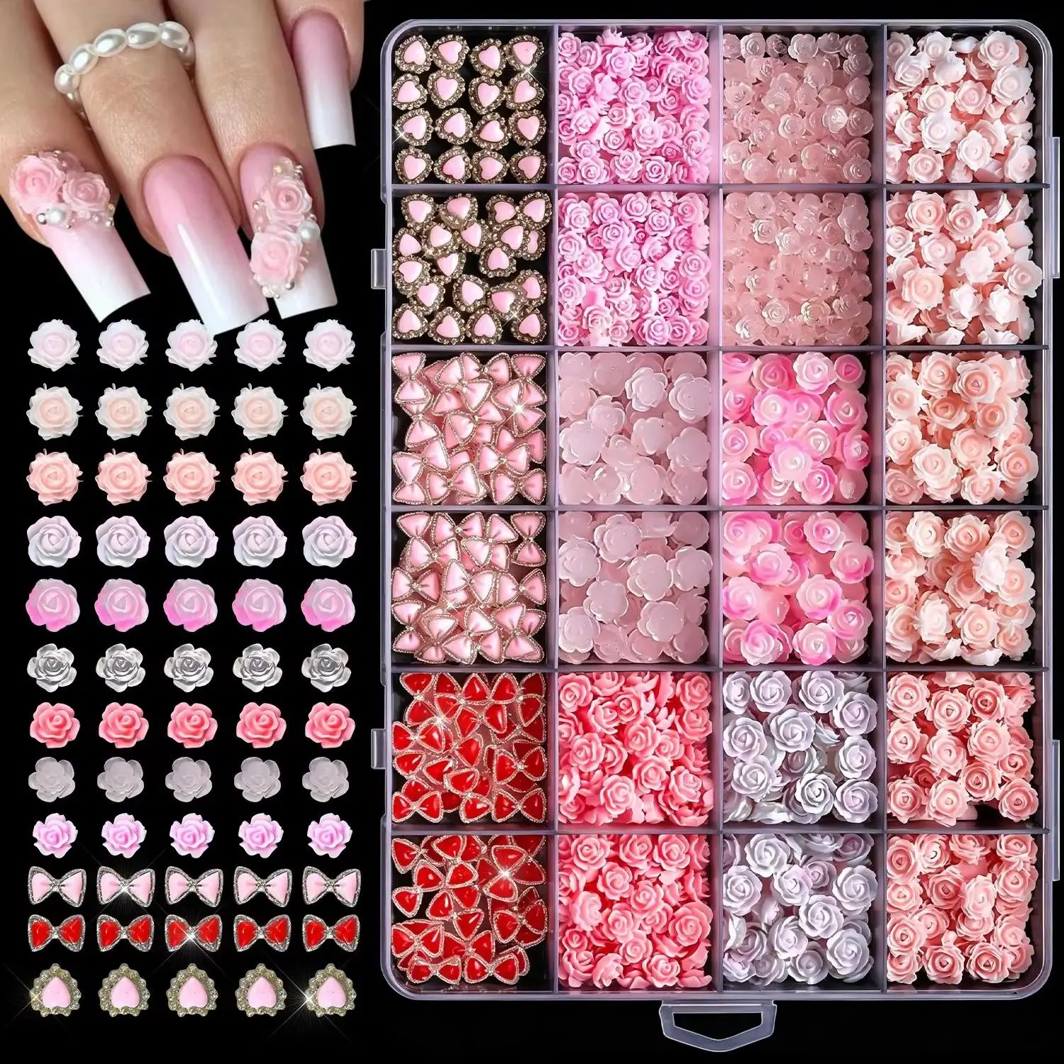 24Grids 3D Red Pink Camellia Blossom Nail Charm Kawaii Love Heart Bow Mixed Resin Rhinestones DIY Floral Bowknot Nail Decoration
24Grids 3D Red Pink Camellia Blossom Nail Charm Kawaii Love Heart Bow Mixed Resin Rhinestones DIY Floral Bowknot Nail Decoration