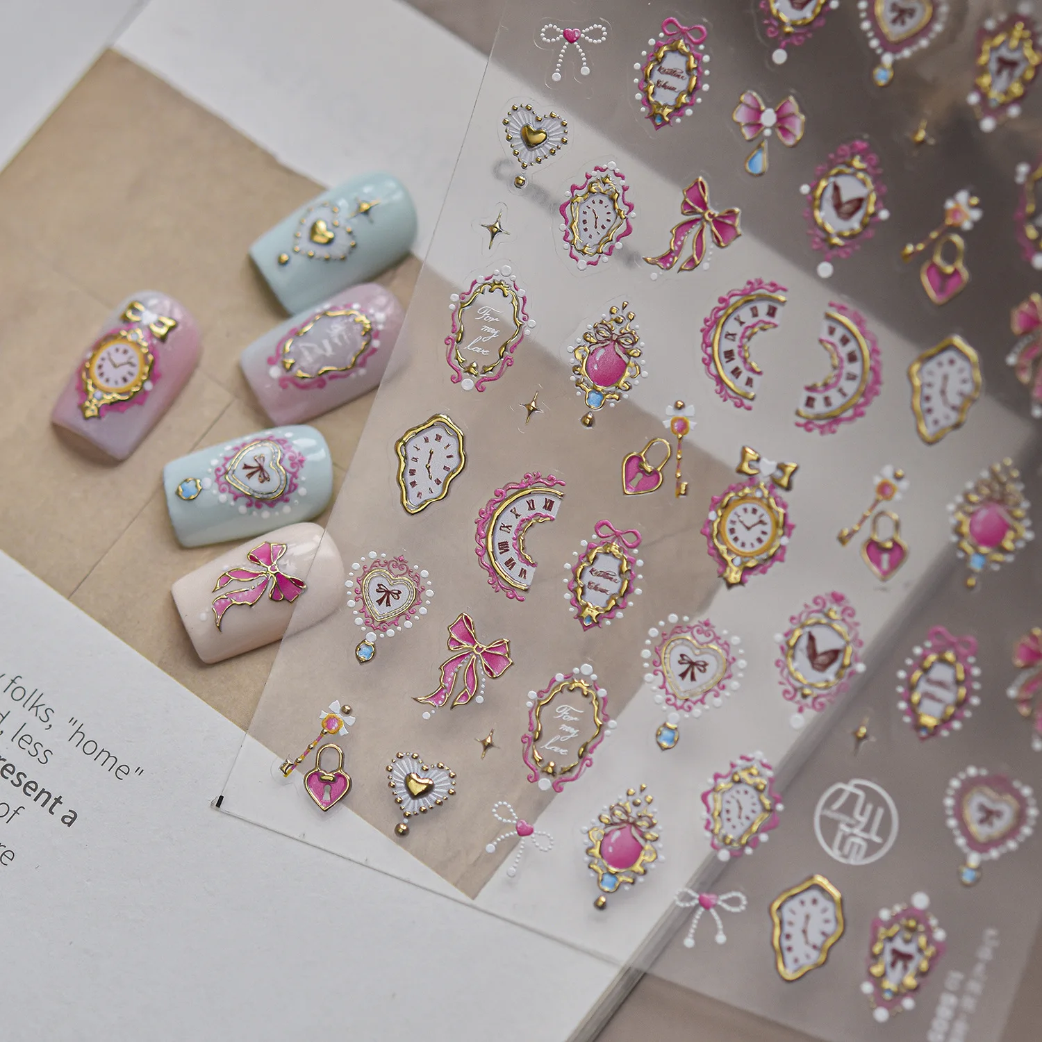 Lolita Vintage Clock 5D Nail Decals Butterfly Photo Frame Shiny Gem Pendant Bow Moon Heart Self-adhesive Nail Sticker Supplies
Lolita Vintage Clock 5D Nail Decals Butterfly Photo Frame Shiny Gem Pendant Bow Moon Heart Self-adhesive Nail Sticker Supplies