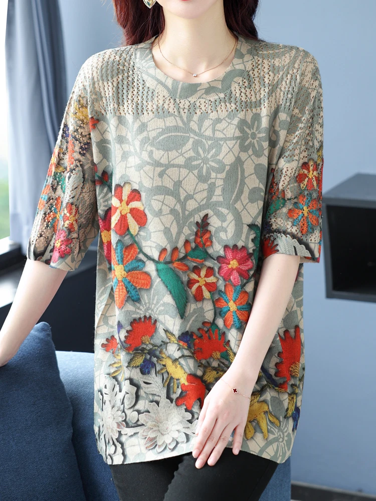 Floral Print Summer Knitted T Shirt Women Sweater Pullovers Clothes For Women Tees Top Short Sleeve Hollow Women's T-shirt
Floral Print Summer Knitted T Shirt Women Sweater Pullovers Clothes For Women Tees Top Short Sleeve Hollow Women's T-shirt