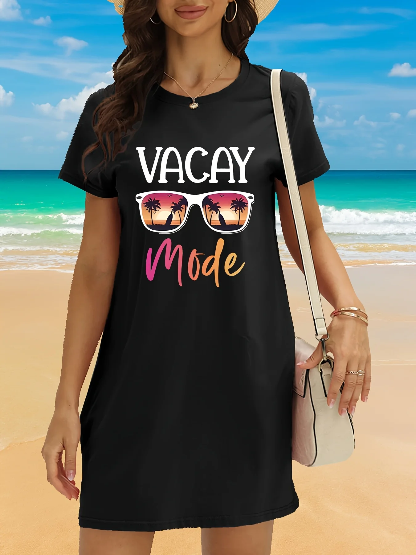 Женское повседневное платье-футболка больших размеров с коротким рукавом VACAY MODE, модное повседневное платье с тропическим пальмовым принтом и графическим принтом
Женское повседневное платье-футболка больших размеров с коротким рукавом VACAY MODE, модное повседневное платье с тропическим пальмовым принтом и графическим принтом