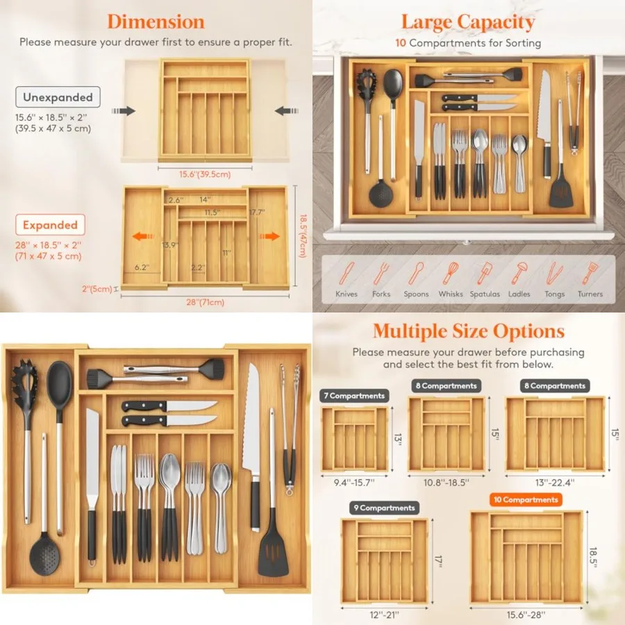 Silverware Drawer Organizer, Epandable Utensil Tray for Kitchen, Flatware and Cutlery Holder, Wood Adjustable Storage for Spoon
Silverware Drawer Organizer, Epandable Utensil Tray for Kitchen, Flatware and Cutlery Holder, Wood Adjustable Storage for Spoon