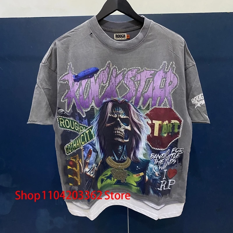 New American Streetwear ROUGHPLAY T-shirt Thriller Skull Print Harajuku Fashion Stitching Short Sleeve Loose Casual Tops Unisex
New American Streetwear ROUGHPLAY T-shirt Thriller Skull Print Harajuku Fashion Stitching Short Sleeve Loose Casual Tops Unisex