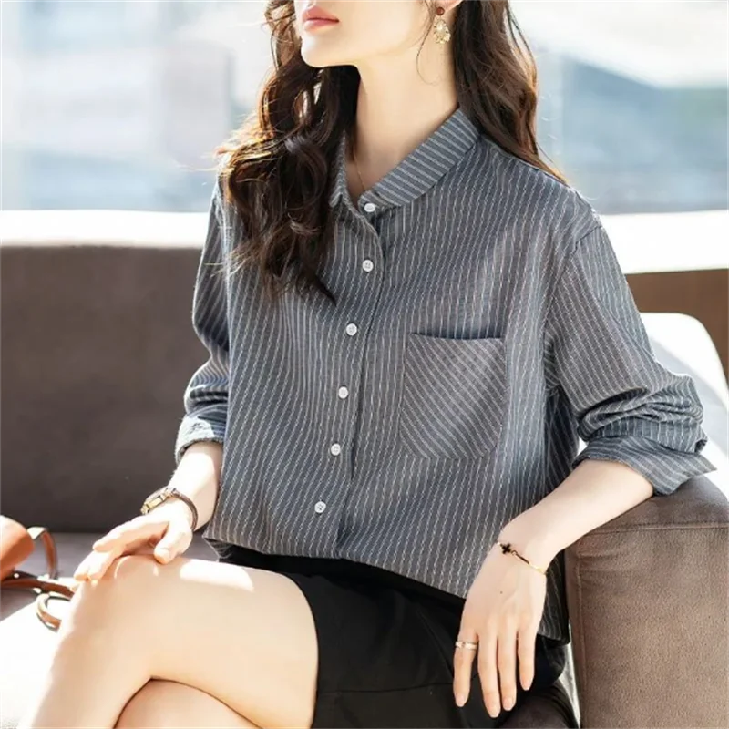 Cotton Blouses For Women Loose Shirt Pocket Striped Shirt Cardigan Women Clothes Blous Laple Long Sleeve Top Casual Female Blous
Cotton Blouses For Women Loose Shirt Pocket Striped Shirt Cardigan Women Clothes Blous Laple Long Sleeve Top Casual Female Blous