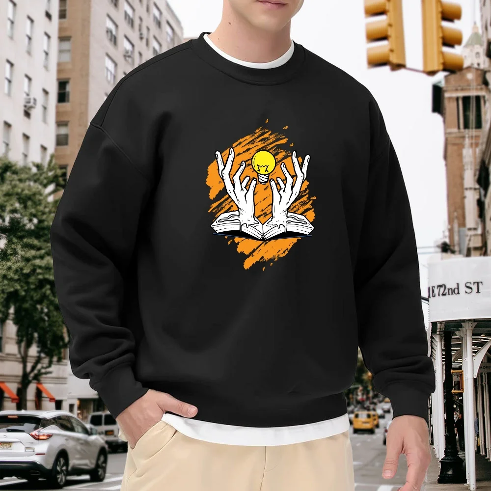 Men's Black Crew Neck Loose Sweatshirt with Creative Light Bulb and Hands Print, Casual Street Style Pullover, Comfortable and Versatile Trendy Item for Everyday Wear
Men's Black Crew Neck Loose Sweatshirt with Creative Light Bulb and Hands Print, Casual Street Style Pullover, Comfortable and Versatile Trendy Item for Everyday Wear