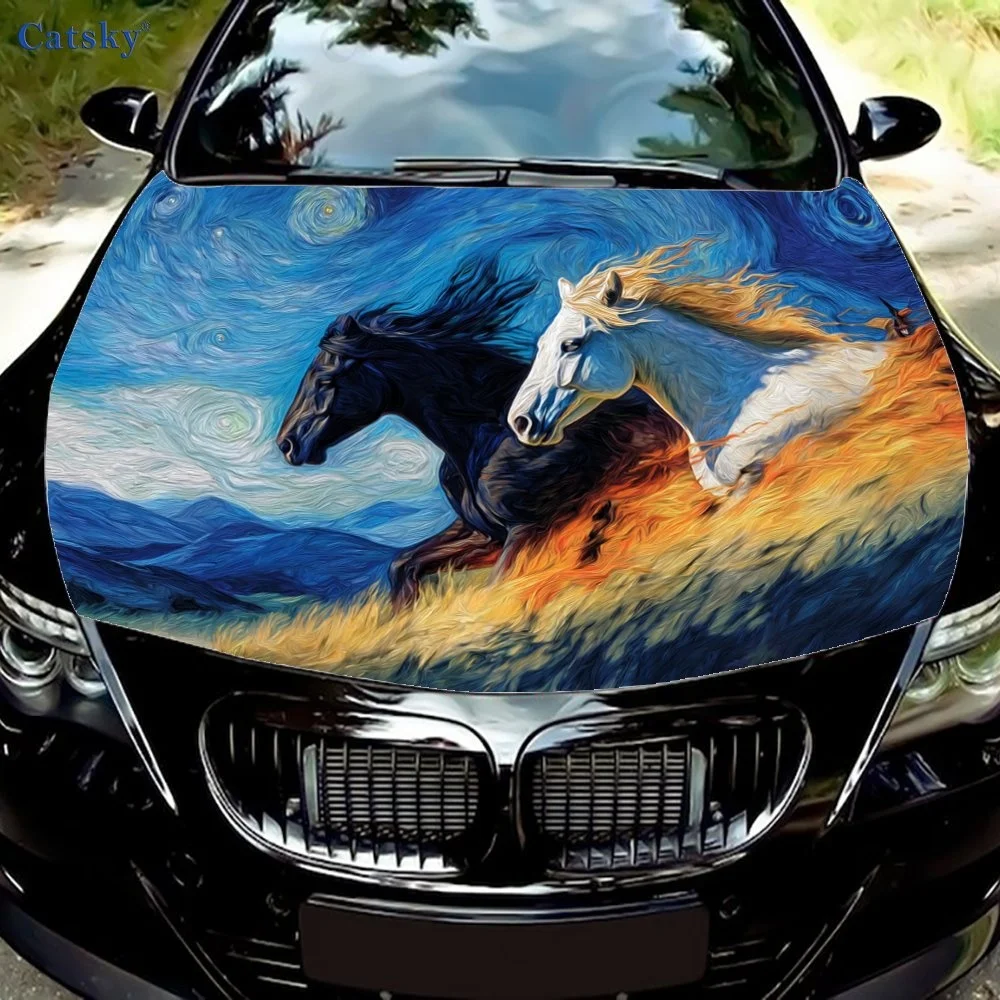 Vibrant car hood wrap featuring two galloping horses in a fiery, starry night landscape. Perfect for unique vehicle styling!Hood
Vibrant car hood wrap featuring two galloping horses in a fiery, starry night landscape. Perfect for unique vehicle styling!Hood