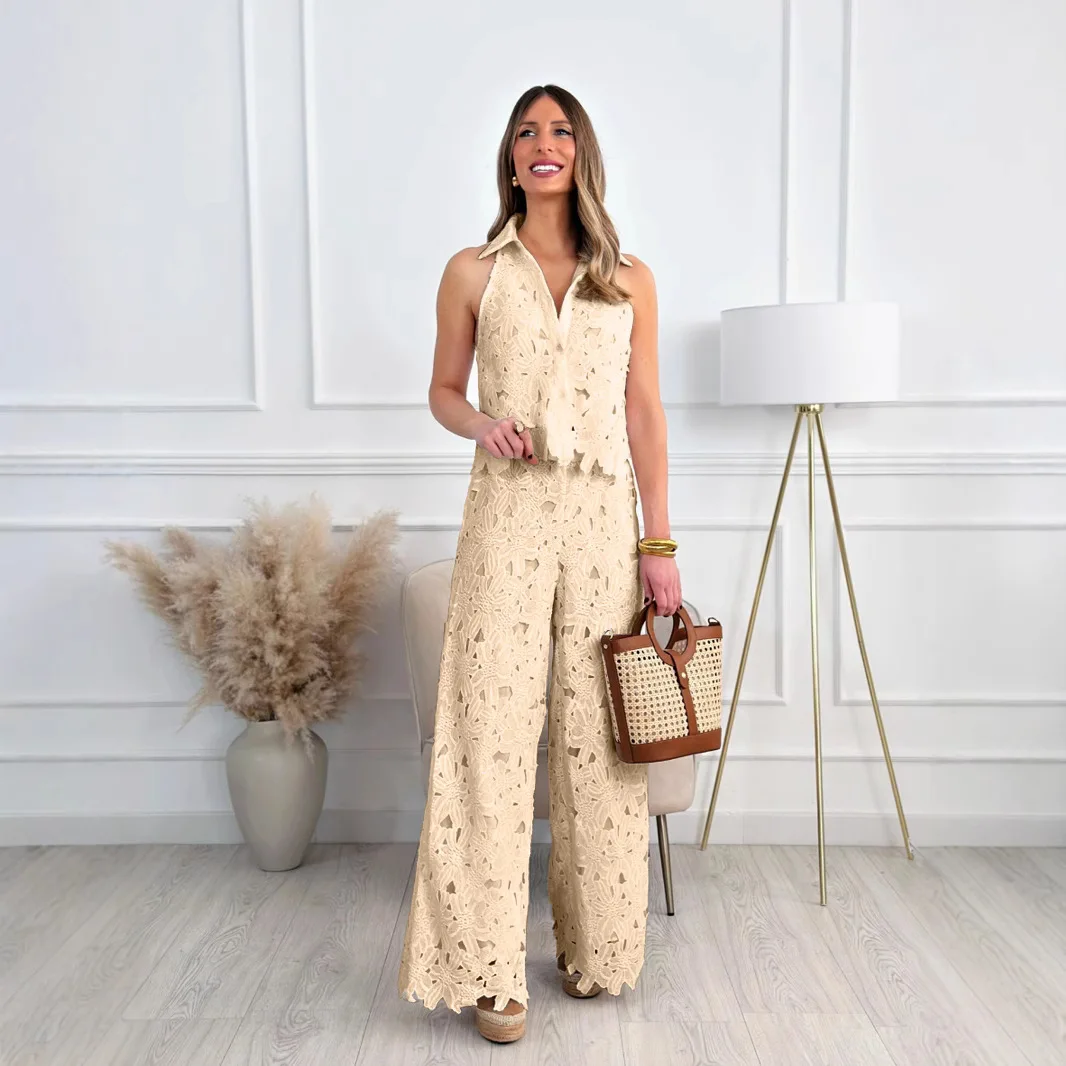 Embroidered Retro 2-piece Set For Women 2025 Temperament Set Elegant Lace Lapel Button Hollow Vest Shirt Wide-leg Trousers Set
Embroidered Retro 2-piece Set For Women 2025 Temperament Set Elegant Lace Lapel Button Hollow Vest Shirt Wide-leg Trousers Set