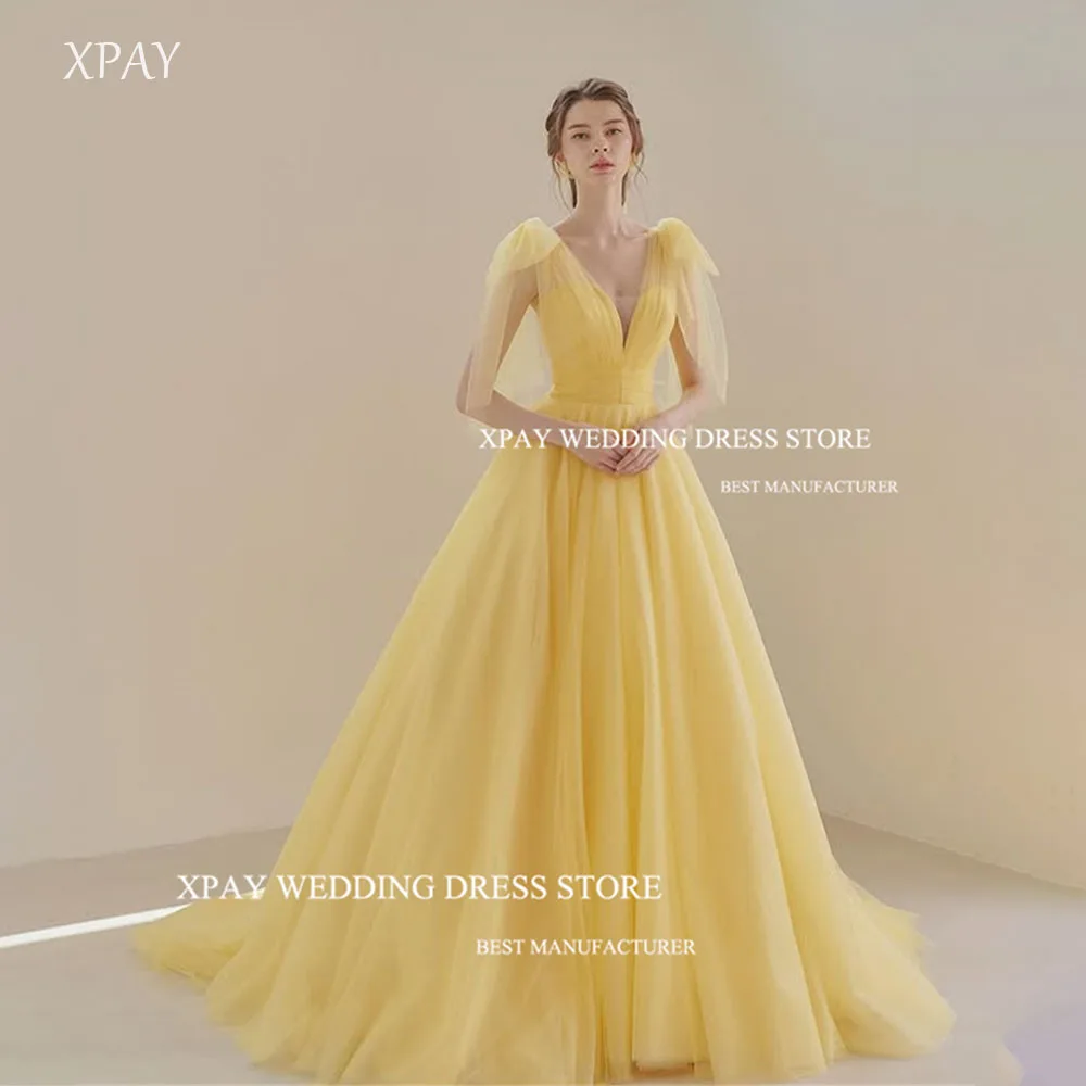 XPAY Romantic Yellow V-Neck Tulle Evening Dresses Korea Women Wedding Party Strap A-line Customized Prom Gowns Formal 웨딩드레스
XPAY Romantic Yellow V-Neck Tulle Evening Dresses Korea Women Wedding Party Strap A-line Customized Prom Gowns Formal 웨딩드레스