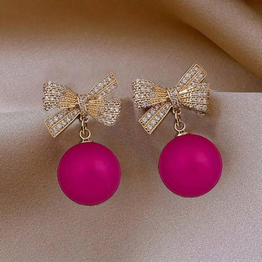 Elegant Bow Knot Dangle Earrings With Pink Ball Pendant And Zirconia Inlay For Women
Elegant Bow Knot Dangle Earrings With Pink Ball Pendant And Zirconia Inlay For Women