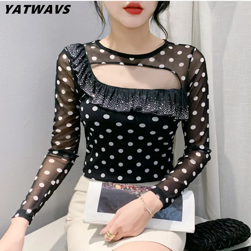 2025 Spring European Clothes Polka Dot Hollow Out T-Shirt Women Chic Sexy Print Patchwork Ruffles Diamonds Tops Long Sleeve Tees
2025 Spring European Clothes Polka Dot Hollow Out T-Shirt Women Chic Sexy Print Patchwork Ruffles Diamonds Tops Long Sleeve Tees