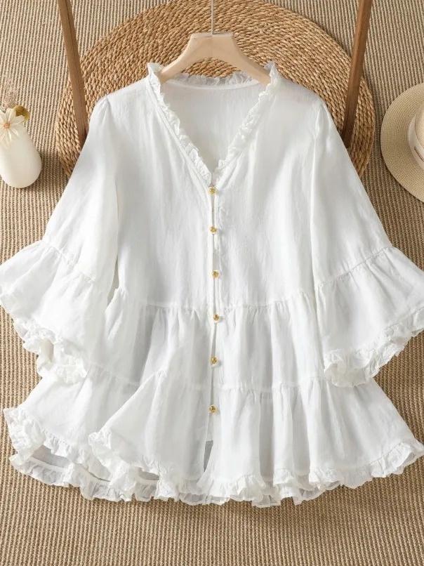 Loose Cotton Linen Shirt with Ruffle Trim Bell Sleeve V-Neck Design Elderly Reduction Large Size Women's Fashion Top
Loose Cotton Linen Shirt with Ruffle Trim Bell Sleeve V-Neck Design Elderly Reduction Large Size Women's Fashion Top
