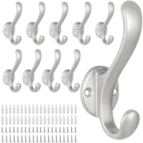10 Pack Heavy Duty Wall Mount Coat Hooks - Retro Double Hook for Coats, Hats, Towels (Silver)
10 Pack Heavy Duty Wall Mount Coat Hooks - Retro Double Hook for Coats, Hats, Towels (Silver)