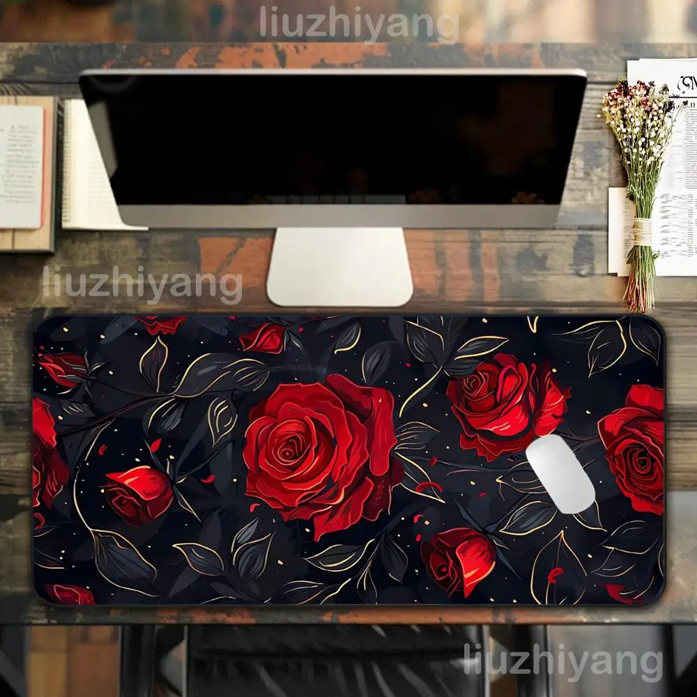 Retro Red Roses Mouse Pad Large Computer Office Game Table Mat XXL Rubber Anti-slip Stitched Edges Keyboard Mats Long Desk Pads