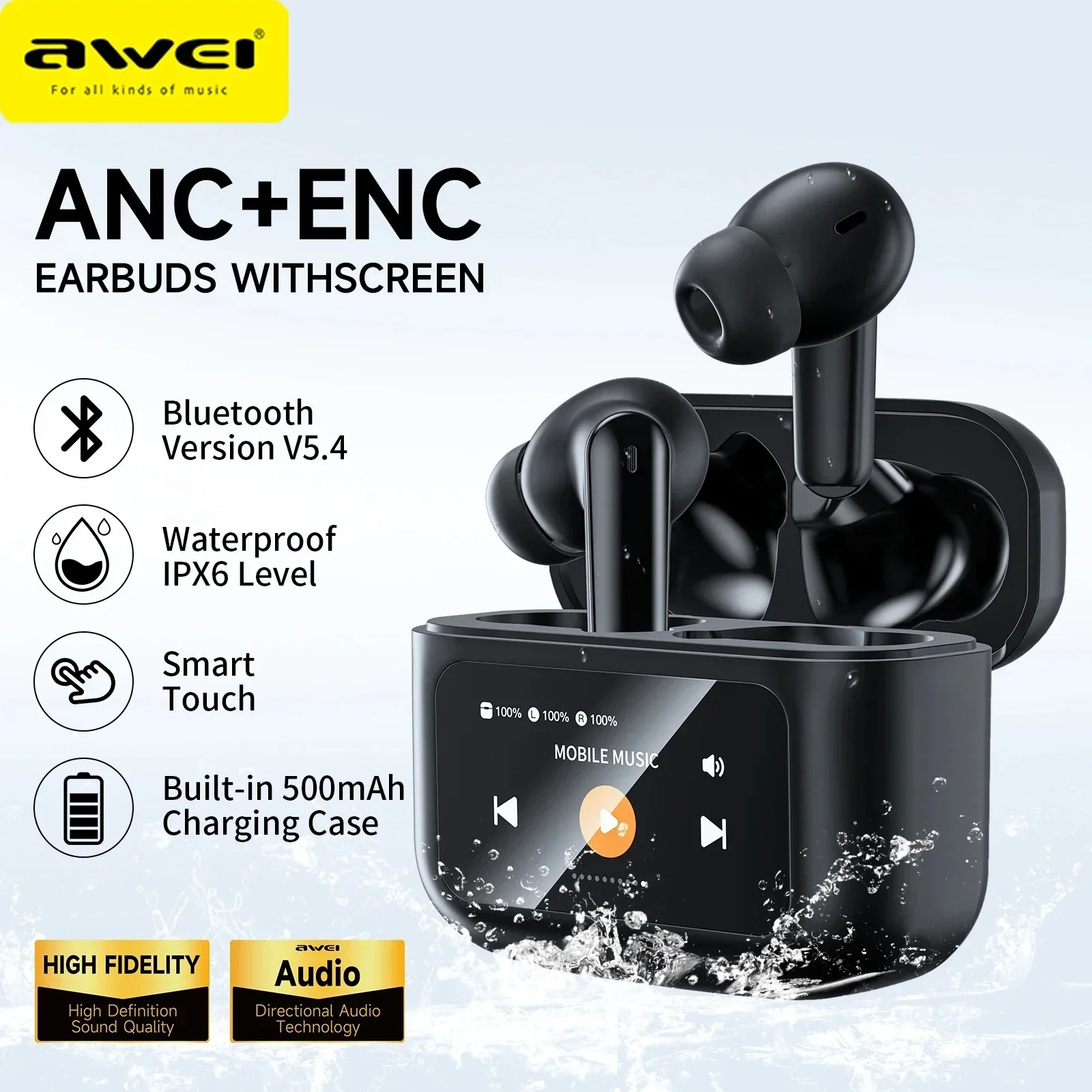 AWEI T56 ANC Wireless Bluetooth V 5.4 Earphones Noise Reduction Headphones Full-Color LED Touchscreen TWS Sport Headest With Mic
AWEI T56 ANC Wireless Bluetooth V 5.4 Earphones Noise Reduction Headphones Full-Color LED Touchscreen TWS Sport Headest With Mic