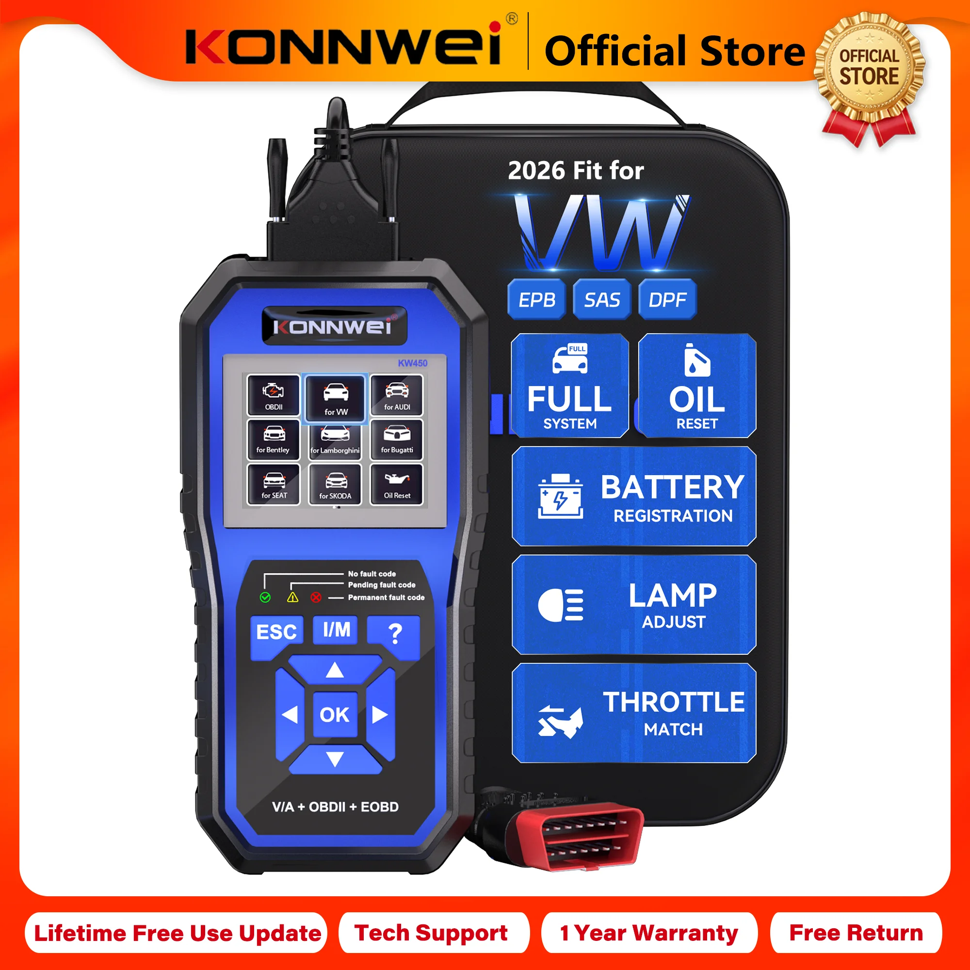 KONNWEI KW450 Car OBD2 Full System Auto Scanner for VW Audi Support DTC Lookup ABS ESP SRS TPMS Oil Service Reset Diagnosis Tool
KONNWEI KW450 Car OBD2 Full System Auto Scanner for VW Audi Support DTC Lookup ABS ESP SRS TPMS Oil Service Reset Diagnosis Tool
