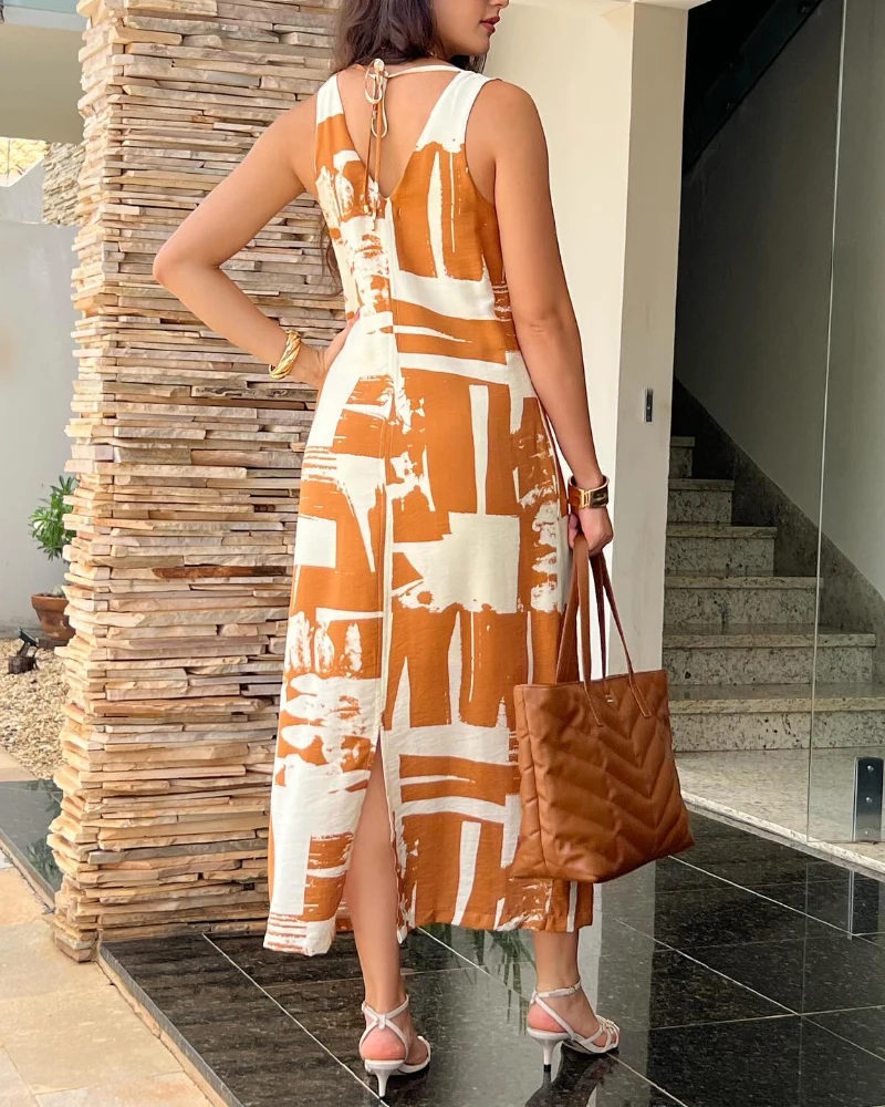 Geometric Print V-Neck Wide Shoulder Strap Lace Up Detail Dress, Casual Slim Fit Dress, Women's Summer Elegant Loose Dress
Geometric Print V-Neck Wide Shoulder Strap Lace Up Detail Dress, Casual Slim Fit Dress, Women's Summer Elegant Loose Dress