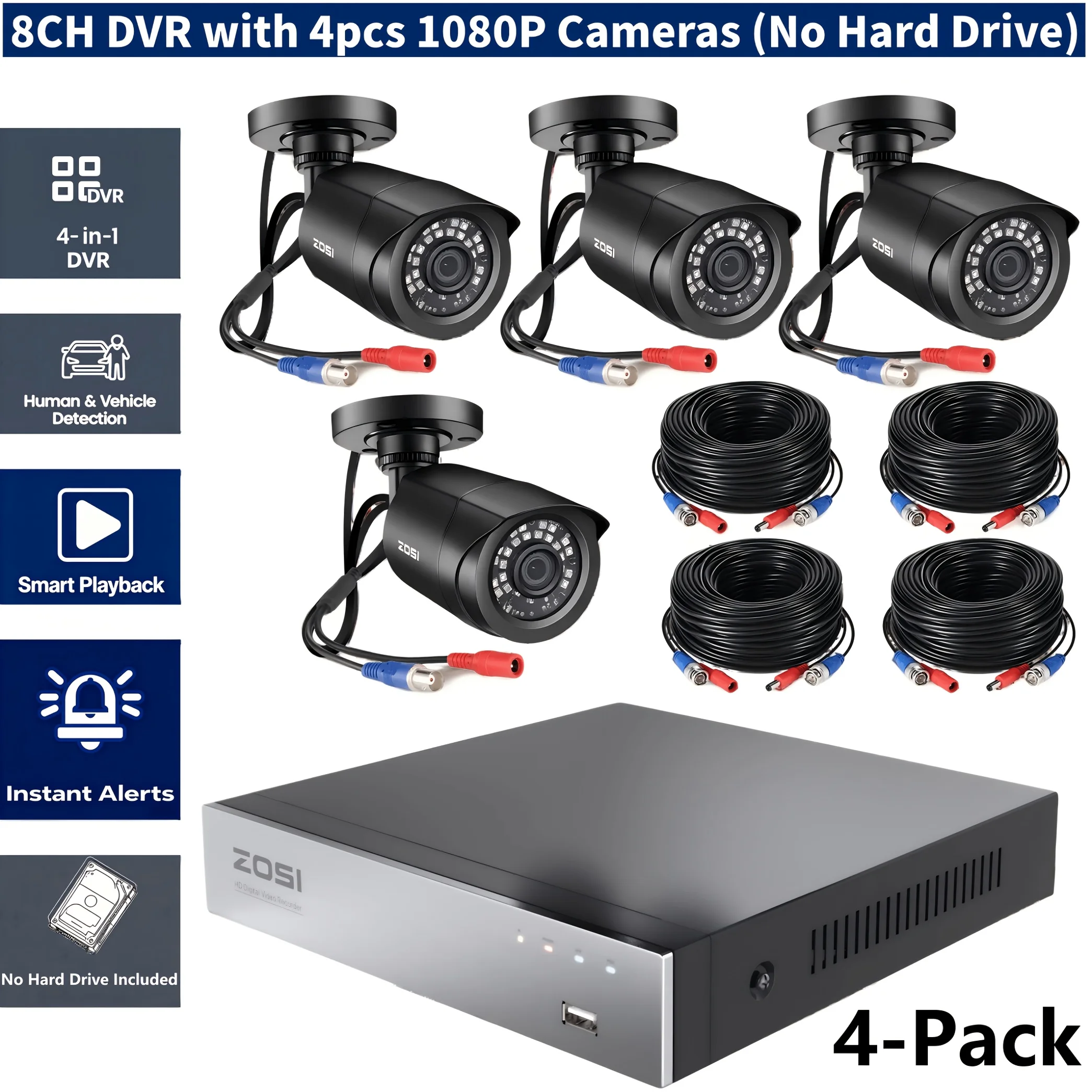 4pcs 8CH 5MP Lite H.265+ Wired Security Camera System - AI Human Vehicle Detection, 4 X 1080P Surveillance Cameras with 60ft BNC Cables, Email Alert with Snapshots (No Hard Drive)
4pcs 8CH 5MP Lite H.265+ Wired Security Camera System - AI Human Vehicle Detection, 4 X 1080P Surveillance Cameras with 60ft BNC Cables, Email Alert with Snapshots (No Hard Drive)