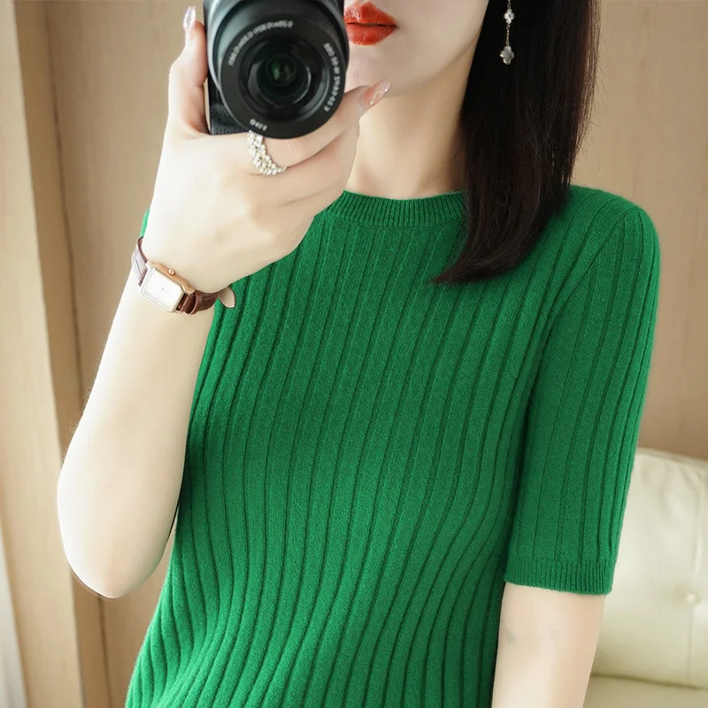 Women's Short Sleeve Knitted Wool T-Shirt Slim Fit Short Style Fashionable round Neck Base Shirt Comfortable Breathable Top
Women's Short Sleeve Knitted Wool T-Shirt Slim Fit Short Style Fashionable round Neck Base Shirt Comfortable Breathable Top