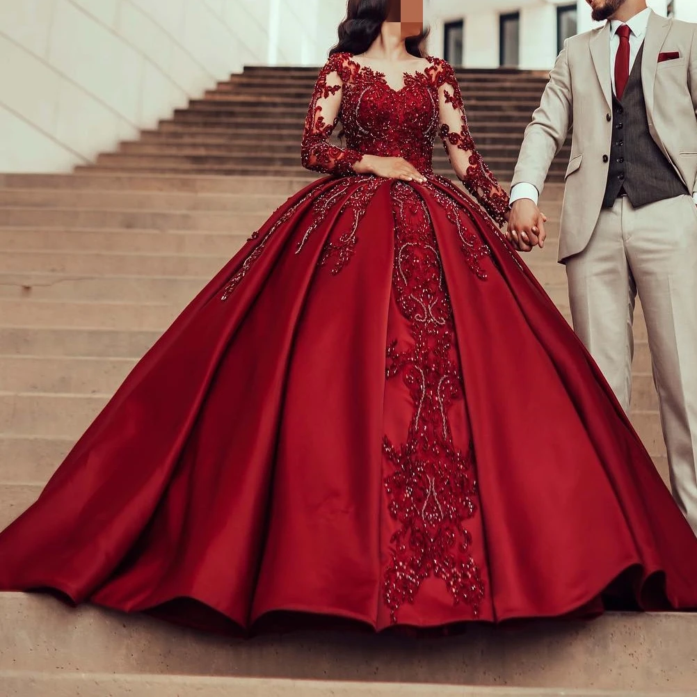 Customized Burgundy Long Sleeve Prom Dresses Beading Applique Satin Puffy Skirt Women Party Formal Wear Sweet 15 Quinceanera 16
Customized Burgundy Long Sleeve Prom Dresses Beading Applique Satin Puffy Skirt Women Party Formal Wear Sweet 15 Quinceanera 16