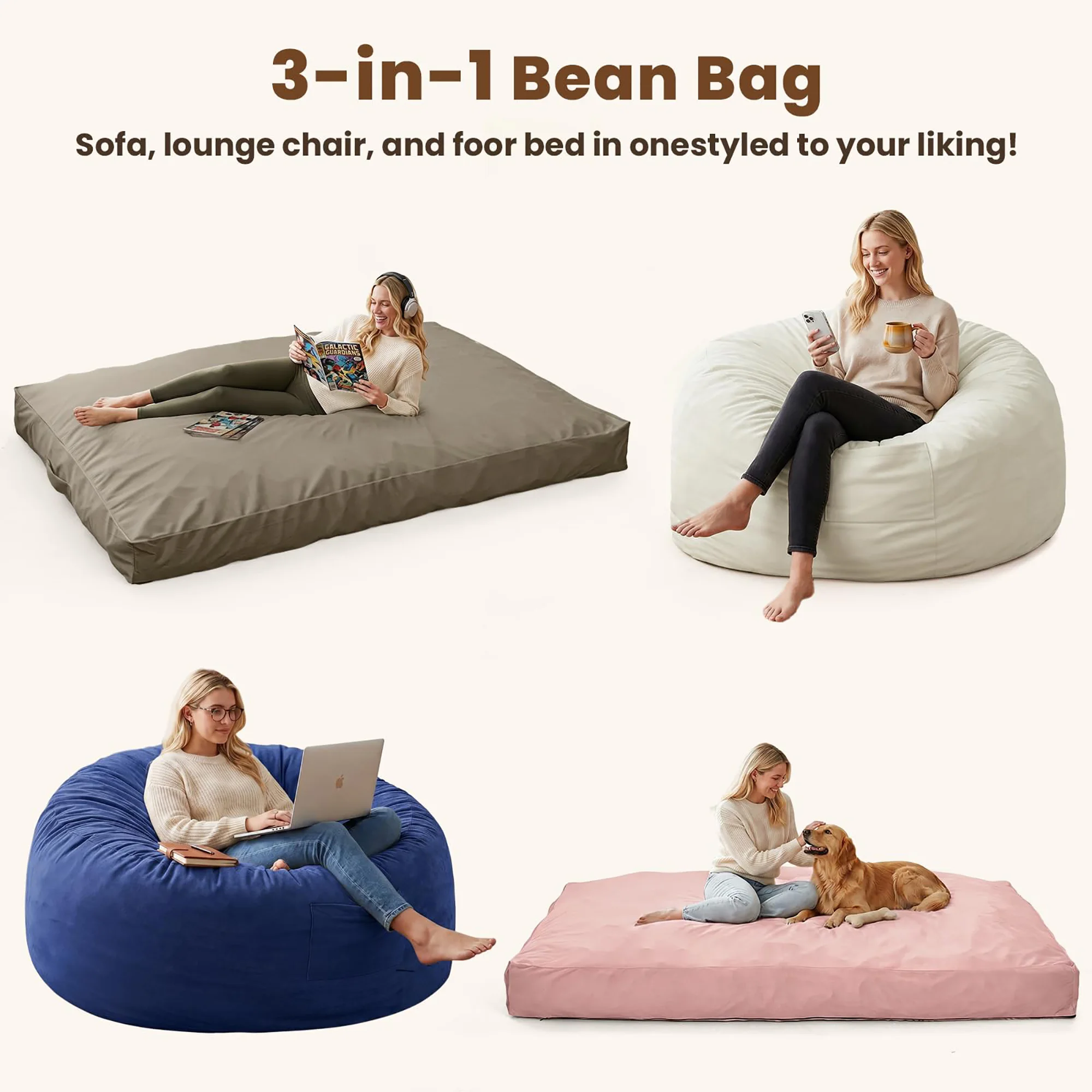 Large Adult Bean Bag Chair, 4 In 1 Convertible Bean Bag Bed, Memory Foam Floor Sofa, Flannel Cover With Inner Liner For Home
Large Adult Bean Bag Chair, 4 In 1 Convertible Bean Bag Bed, Memory Foam Floor Sofa, Flannel Cover With Inner Liner For Home