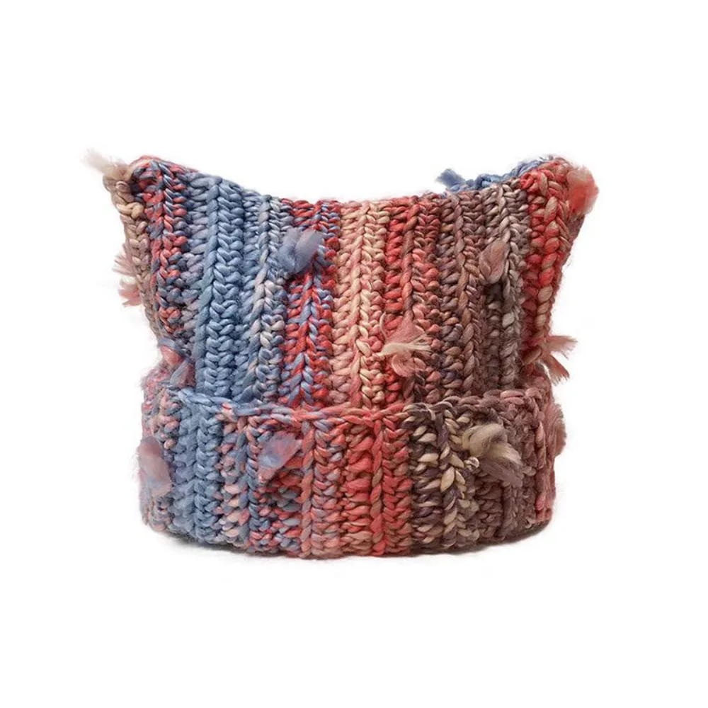 Разноцветная шапка с кошачьими ушками, дизайн с бахромой, полосатый узор, вязаная шапка с градиентом цвета, толстая линия, теплая женская шапка с защитой ушей
Разноцветная шапка с кошачьими ушками, дизайн с бахромой, полосатый узор, вязаная шапка с градиентом цвета, толстая линия, теплая женская шапка с защитой ушей