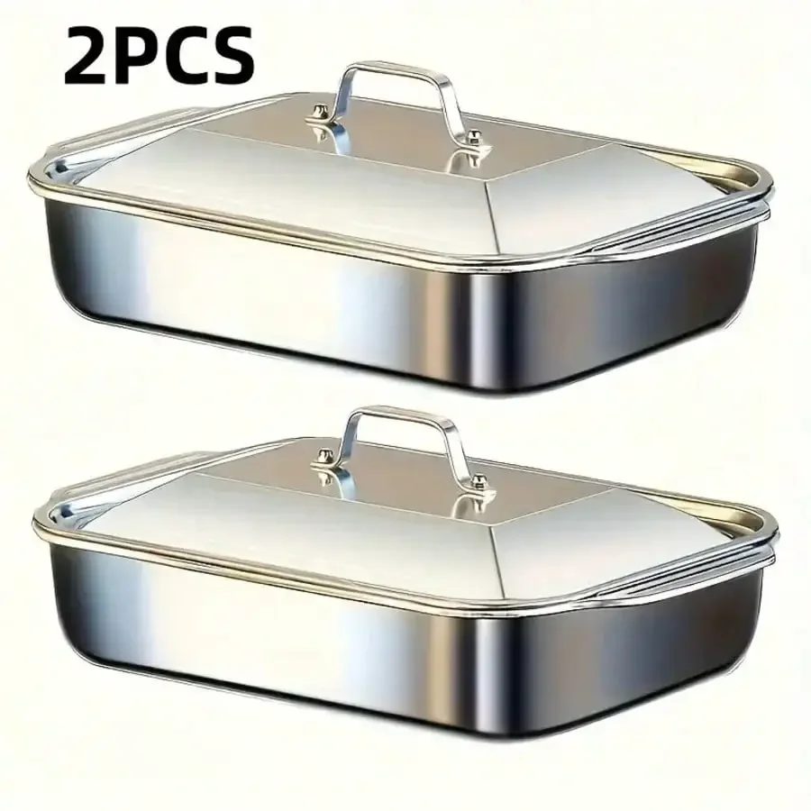 4-Piece (2 Stainless Steel Deep Pans And 2 Lids With Handles) Heavy-Duty Stainless Steel Rectangular Fish Baking Tray Wit
4-Piece (2 Stainless Steel Deep Pans And 2 Lids With Handles) Heavy-Duty Stainless Steel Rectangular Fish Baking Tray Wit