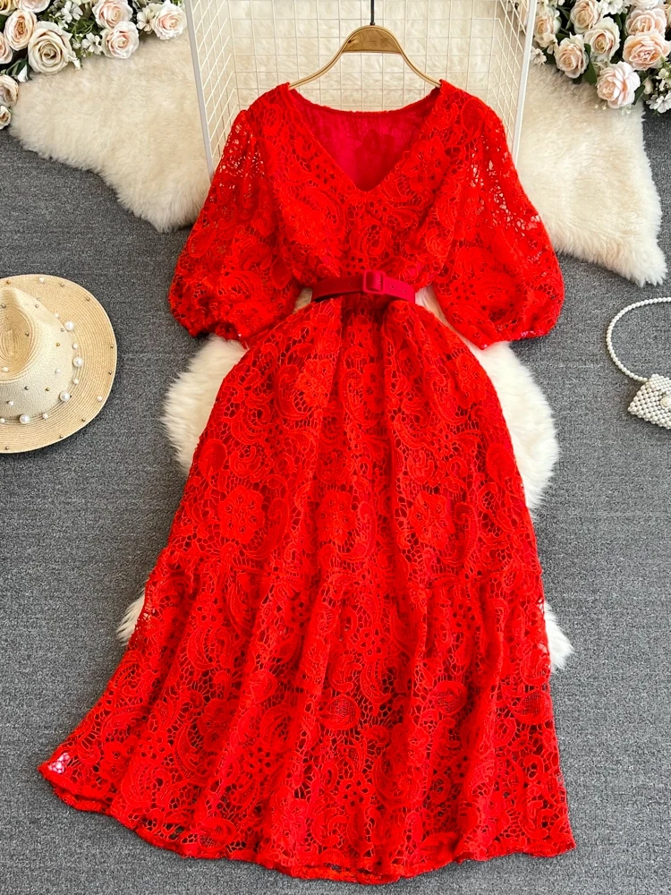 Spring Summer Vintage Women V-Neck Puff Sleeve Hollow Out Lace Long Dress Elegant V-Neck High Waist A-Line Maxi Party Vestidos
Spring Summer Vintage Women V-Neck Puff Sleeve Hollow Out Lace Long Dress Elegant V-Neck High Waist A-Line Maxi Party Vestidos
