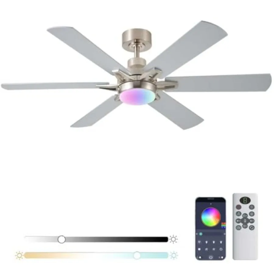 52in Ceiling Fans with Lights for Bedroom, Living Room, Room; Nickel; RGB + 3CCT Dimmable Light; Remote/APP Control, Low Profil
52in Ceiling Fans with Lights for Bedroom, Living Room, Room; Nickel; RGB + 3CCT Dimmable Light; Remote/APP Control, Low Profil