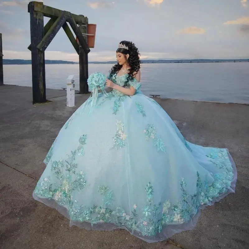 Aqua Blue Quinceanera Dresses Applique Lace Off The Shoulder Puffy Party Dress Beading Tull Ball Gown Vestidos De XV 15 Anos
Aqua Blue Quinceanera Dresses Applique Lace Off The Shoulder Puffy Party Dress Beading Tull Ball Gown Vestidos De XV 15 Anos