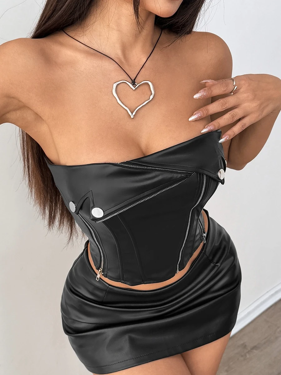 SsTss сексуальный женский черный топ без бретелек из искусственной кожи, новинка 2025, модные укороченные топы без рукавов на молнии спереди с открытыми плечами 
SsTss сексуальный женский черный топ без бретелек из искусственной кожи, новинка 2025, модные укороченные топы без рукавов на молнии спереди с открытыми плечами