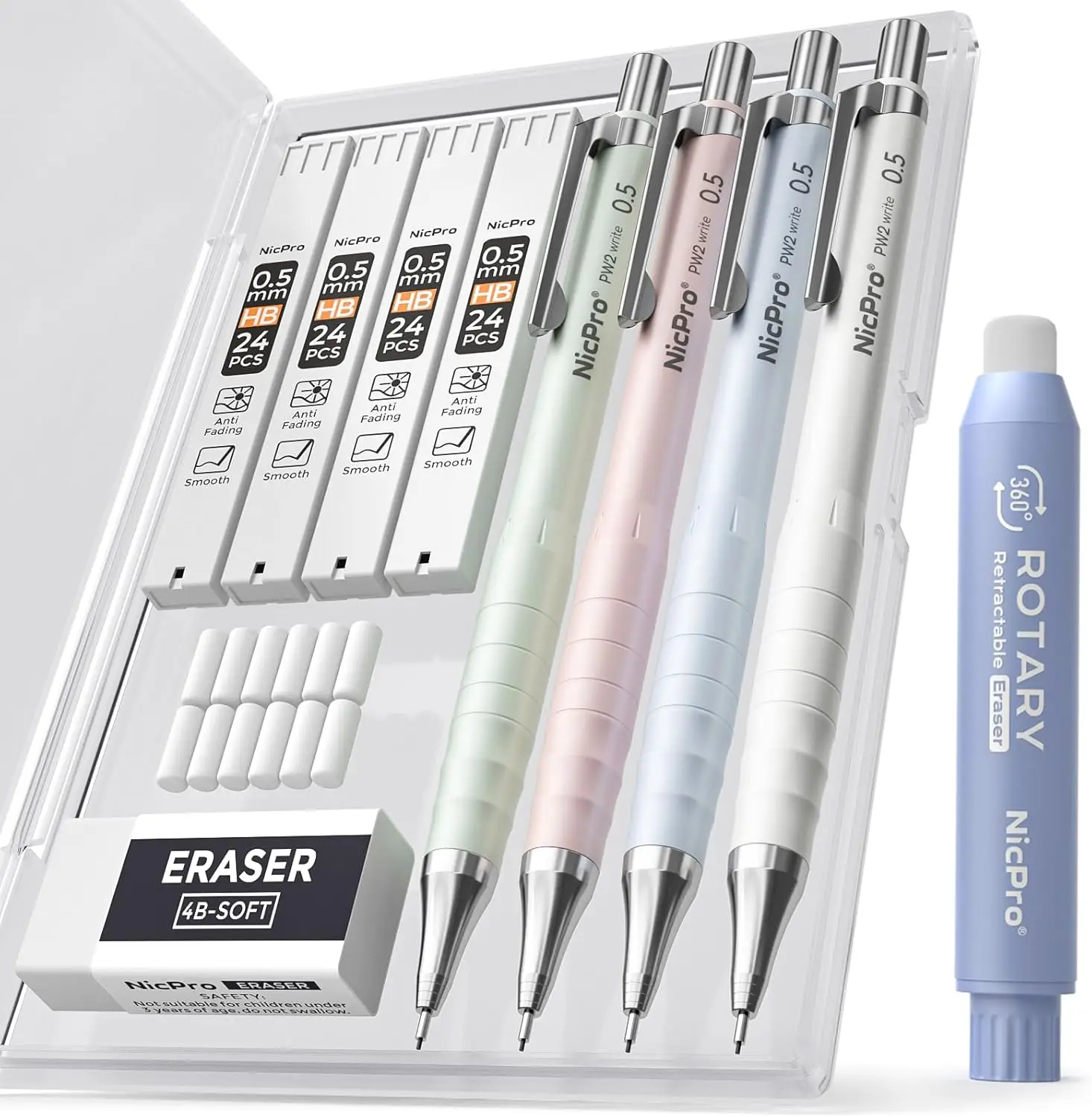 Cute Pastel Mechanical Pencil Set, 4PCS 0.5mm with Lead Refills and Erasers for Writing Sketching School Supplies
Cute Pastel Mechanical Pencil Set, 4PCS 0.5mm with Lead Refills and Erasers for Writing Sketching School Supplies